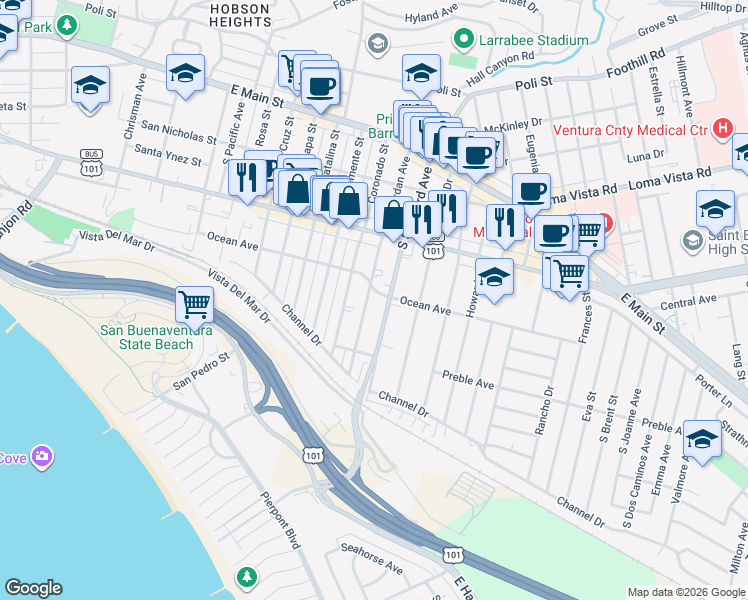 map of restaurants, bars, coffee shops, grocery stores, and more near Jordan Avenue in Ventura