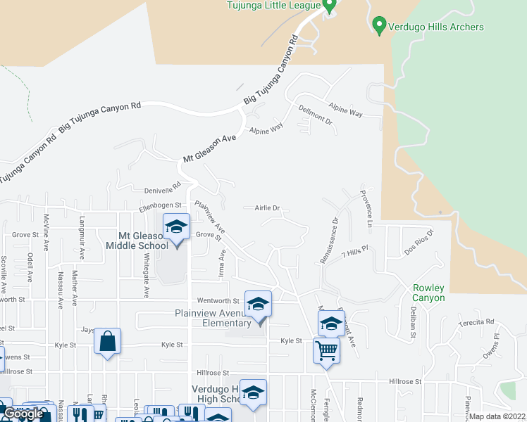 map of restaurants, bars, coffee shops, grocery stores, and more near 7628 Airlie Drive in Los Angeles