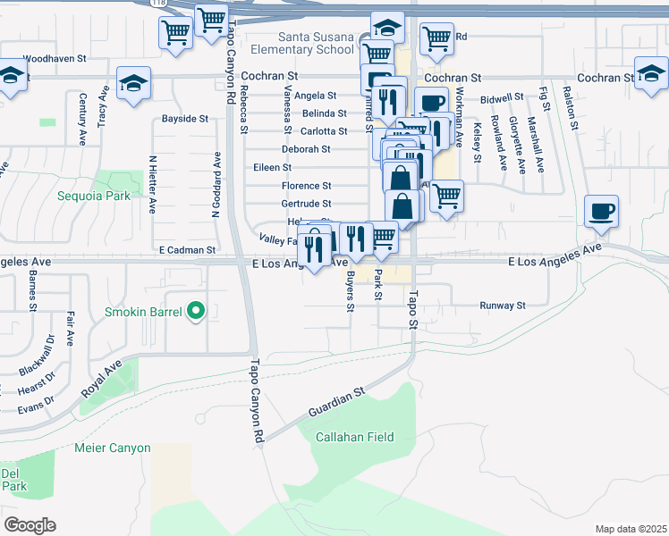 map of restaurants, bars, coffee shops, grocery stores, and more near 4226 Valley Fair Street in Simi Valley