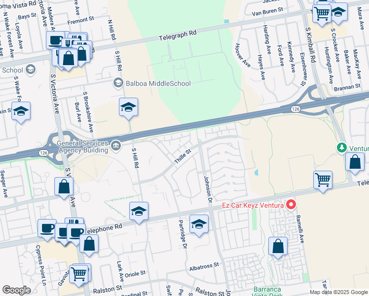 map of restaurants, bars, coffee shops, grocery stores, and more near 641 Newbolt Lane in Ventura