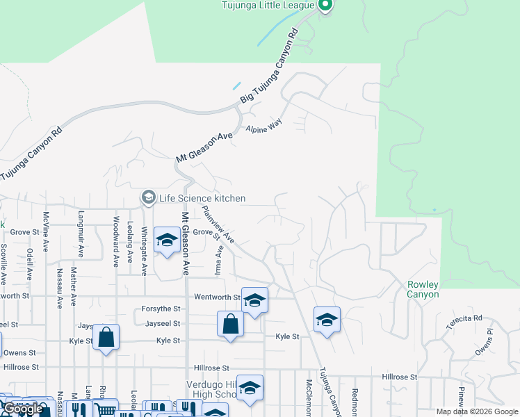 map of restaurants, bars, coffee shops, grocery stores, and more near 7628 Airlie Drive in Los Angeles
