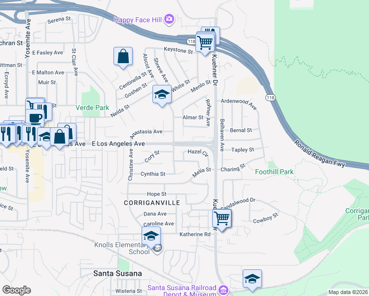 map of restaurants, bars, coffee shops, grocery stores, and more near 6435 Hazel Circle in Simi Valley
