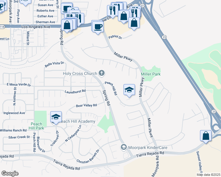 map of restaurants, bars, coffee shops, grocery stores, and more near 13950 Peach Hill Road in Moorpark