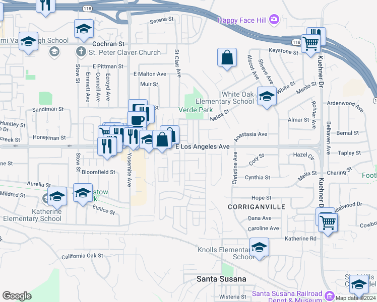 map of restaurants, bars, coffee shops, grocery stores, and more near 1990 Rory Lane in Simi Valley