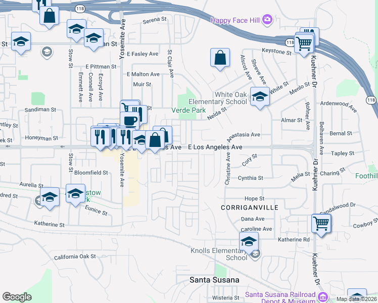 map of restaurants, bars, coffee shops, grocery stores, and more near 1980 Rory Lane in Simi Valley