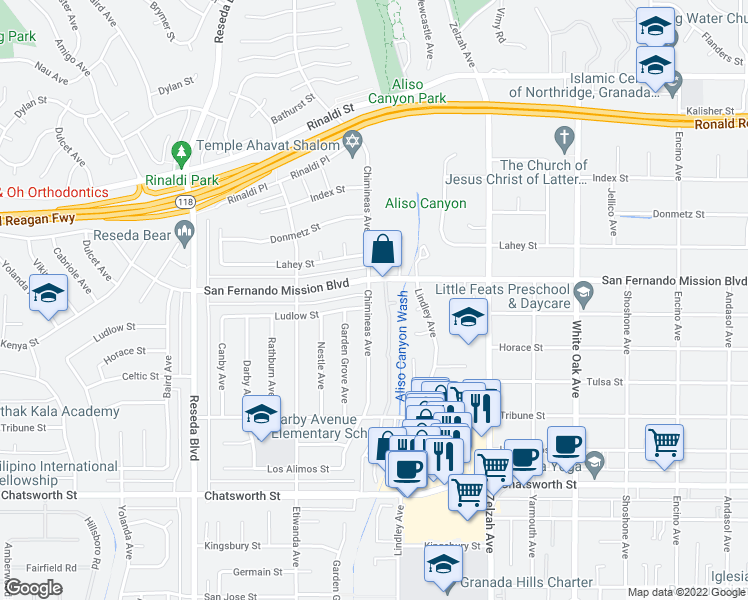 map of restaurants, bars, coffee shops, grocery stores, and more near 11056 Chimineas Avenue in Los Angeles