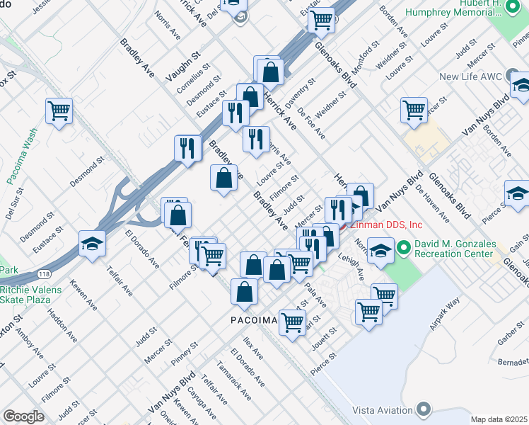map of restaurants, bars, coffee shops, grocery stores, and more near 13258 Filmore Street in Los Angeles