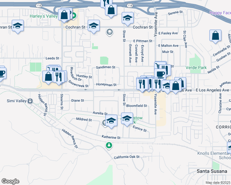 map of restaurants, bars, coffee shops, grocery stores, and more near 5526 East Los Angeles Avenue in Simi Valley