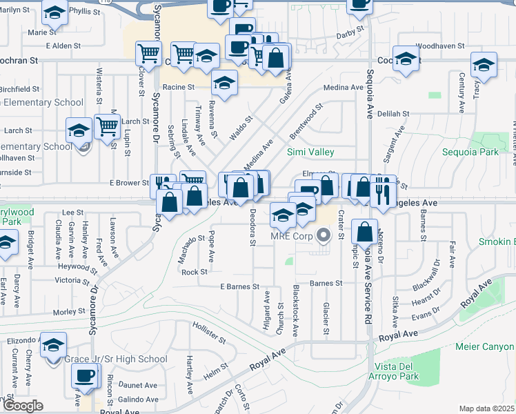 map of restaurants, bars, coffee shops, grocery stores, and more near 3034 Hilldale Avenue in Simi Valley