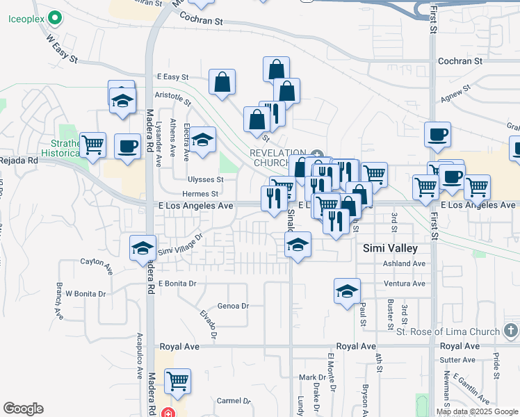 map of restaurants, bars, coffee shops, grocery stores, and more near 443 Stratus Lane in Simi Valley