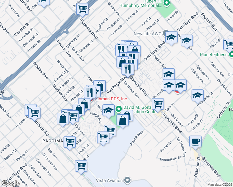 map of restaurants, bars, coffee shops, grocery stores, and more near 11080 De Foe Avenue in Los Angeles