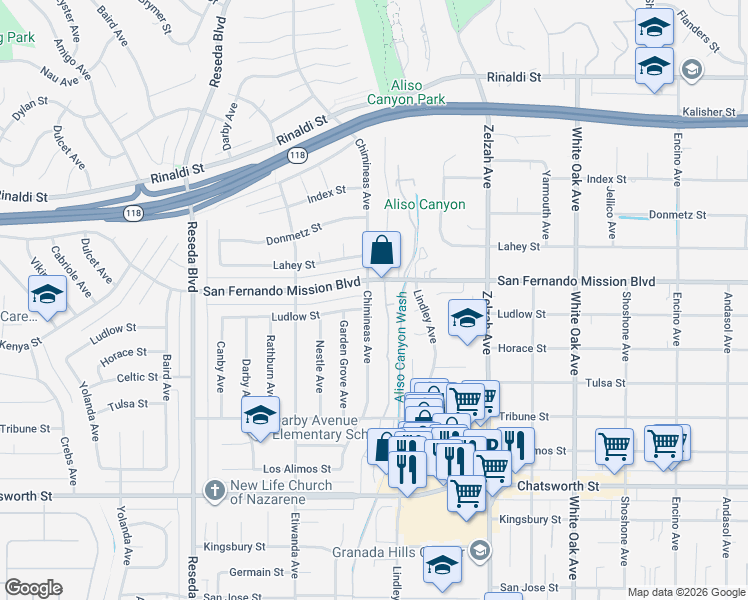 map of restaurants, bars, coffee shops, grocery stores, and more near 11056 Chimineas Avenue in Los Angeles