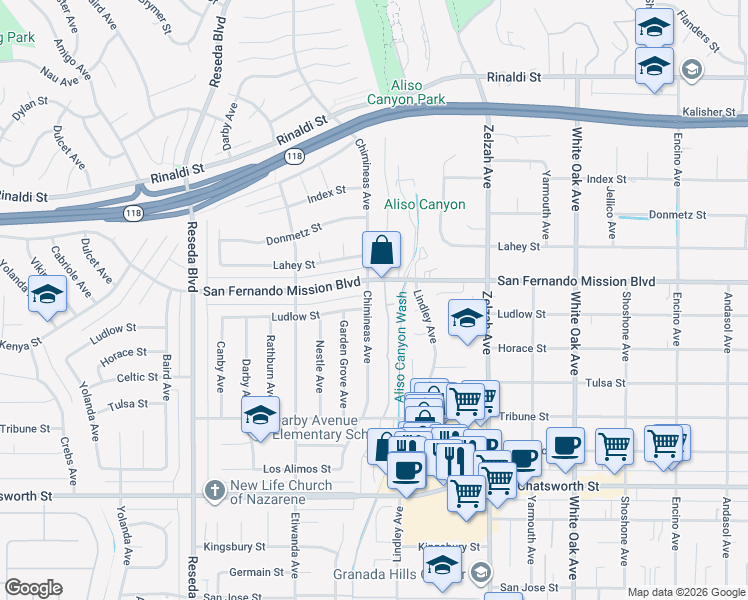 map of restaurants, bars, coffee shops, grocery stores, and more near 11056 Chimineas Avenue in Los Angeles