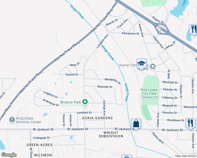 map of restaurants, bars, coffee shops, grocery stores, and more near 1203 Ackia Trail in Tupelo
