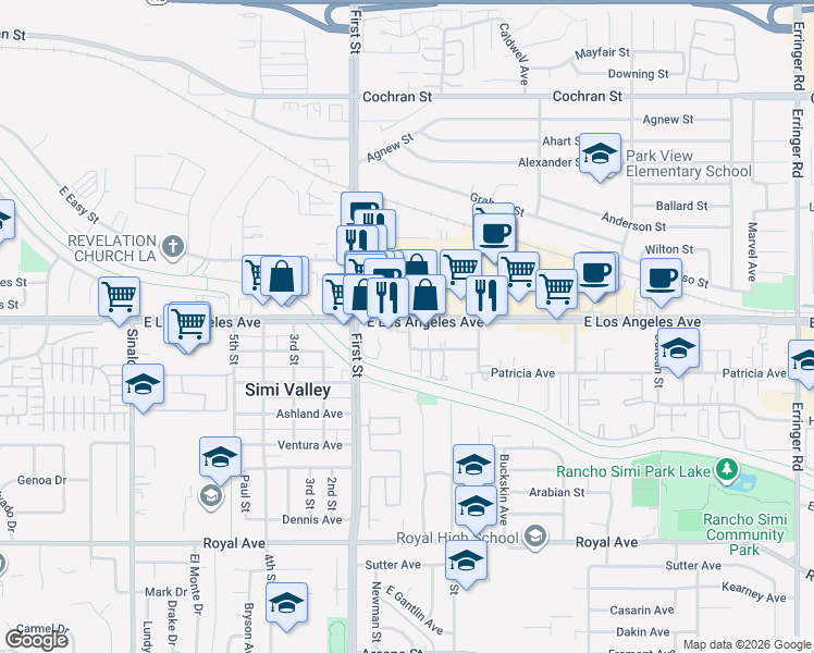 map of restaurants, bars, coffee shops, grocery stores, and more near 1159 E Los Angeles Ave in Simi Valley