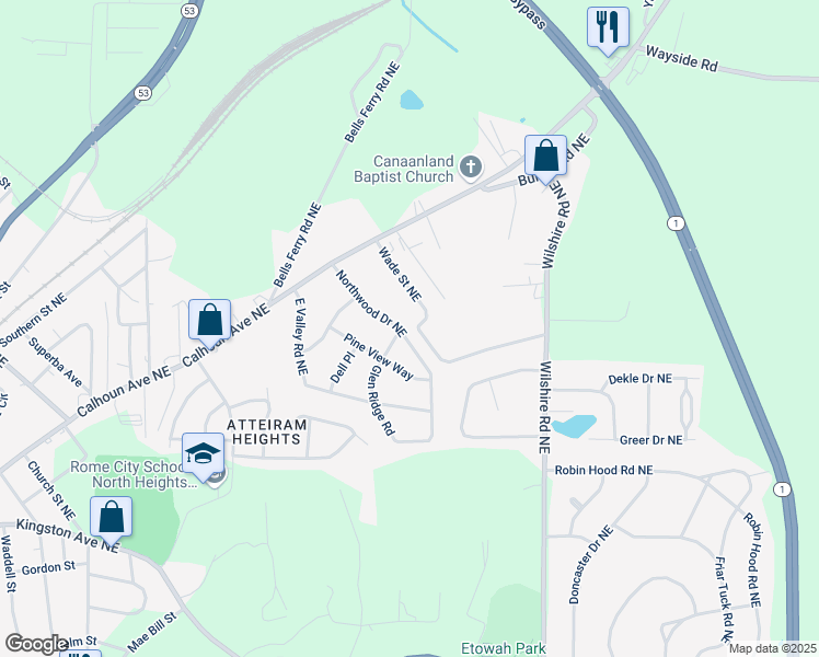map of restaurants, bars, coffee shops, grocery stores, and more near 113 Northwood Drive Northeast in Rome