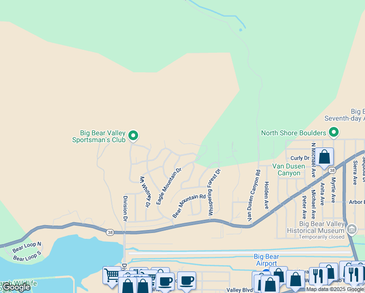 map of restaurants, bars, coffee shops, grocery stores, and more near 1169 Green Mountain Drive in Big Bear