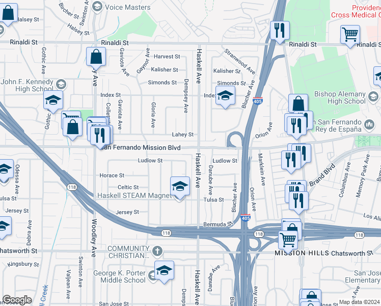 map of restaurants, bars, coffee shops, grocery stores, and more near 15814 San Fernando Mission Boulevard in Los Angeles