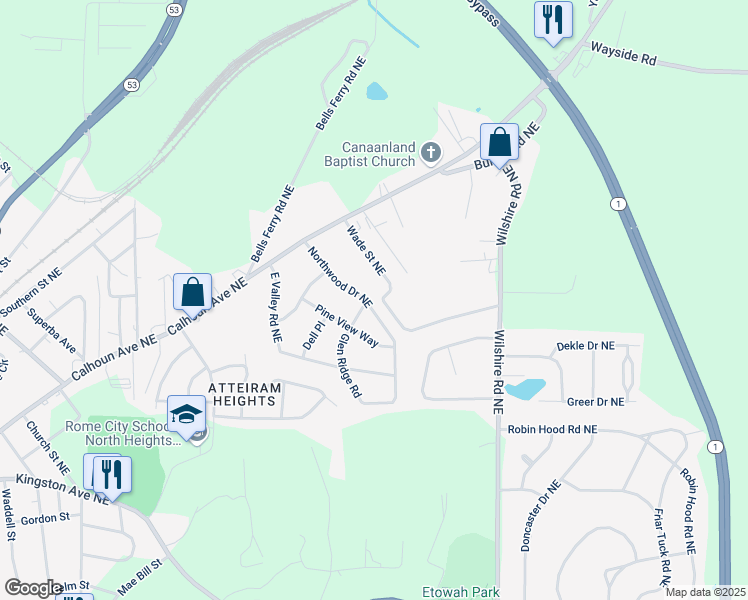 map of restaurants, bars, coffee shops, grocery stores, and more near 113 Northwood Drive Northeast in Rome