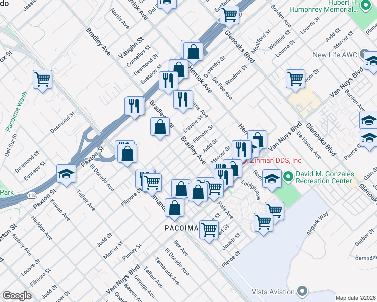 map of restaurants, bars, coffee shops, grocery stores, and more near 13258 Filmore Street in Los Angeles