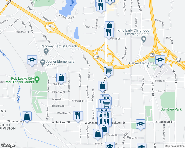 map of restaurants, bars, coffee shops, grocery stores, and more near 1001 Fawn Drive in Tupelo