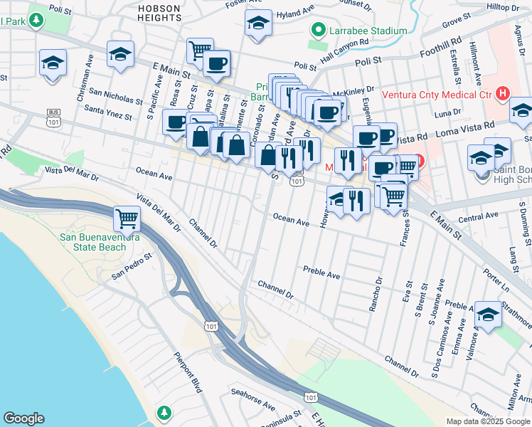 map of restaurants, bars, coffee shops, grocery stores, and more near South Seaward Avenue & Ocean Avenue in Ventura