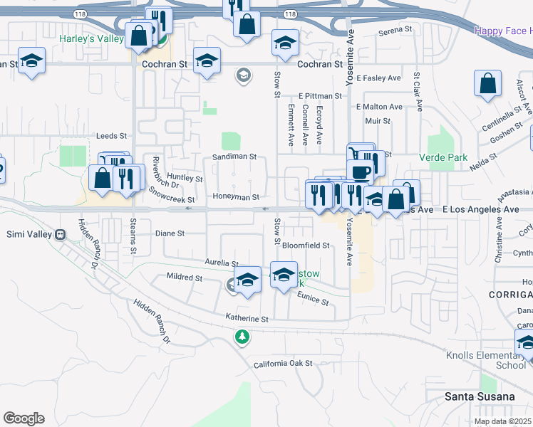 map of restaurants, bars, coffee shops, grocery stores, and more near 5510 East Los Angeles Avenue in Simi Valley