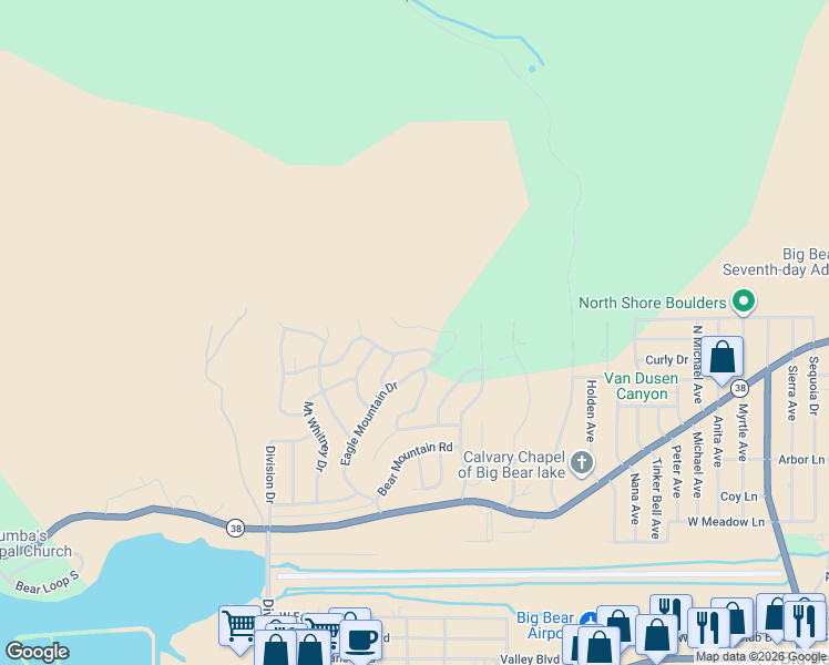 map of restaurants, bars, coffee shops, grocery stores, and more near 1164 Green Mountain Drive in Big Bear