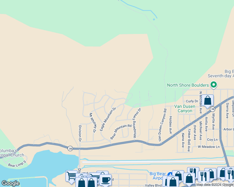 map of restaurants, bars, coffee shops, grocery stores, and more near 1169 Green Mountain Drive in Big Bear