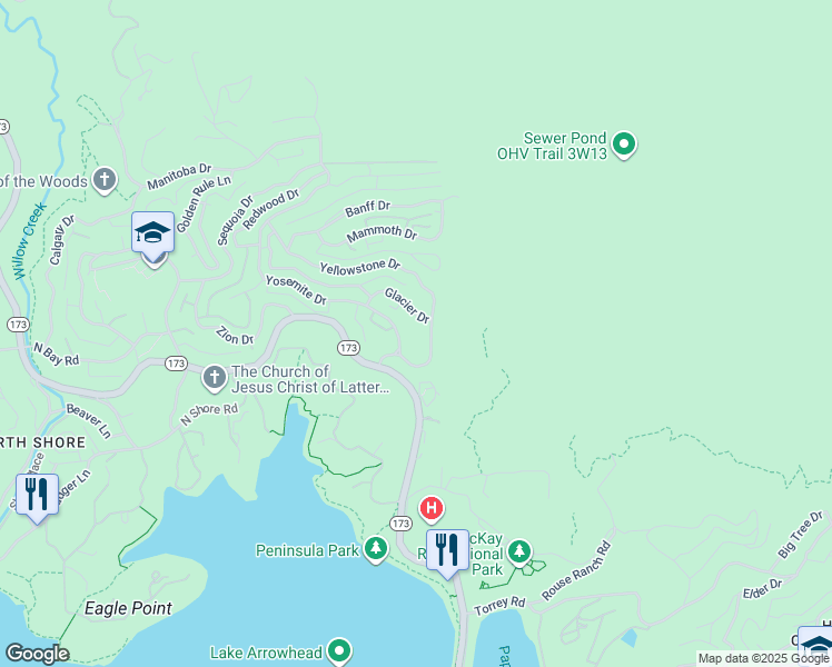 map of restaurants, bars, coffee shops, grocery stores, and more near 1204 Yellowstone Drive in Lake Arrowhead