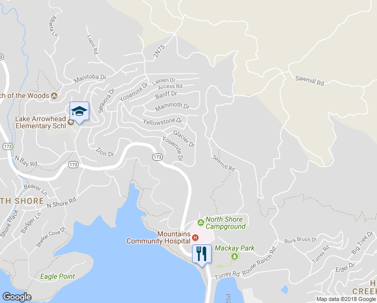 map of restaurants, bars, coffee shops, grocery stores, and more near 1204 Yellowstone Drive in Lake Arrowhead