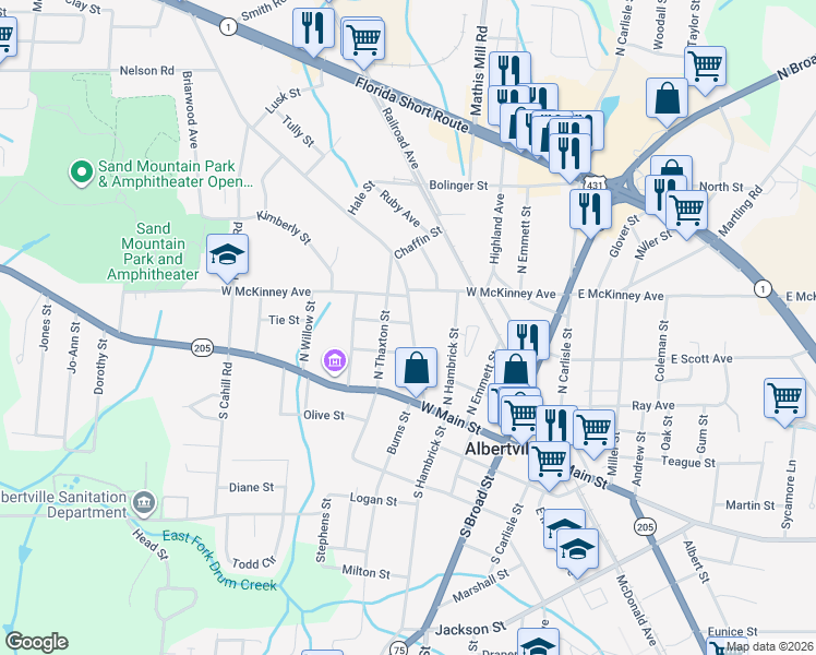 map of restaurants, bars, coffee shops, grocery stores, and more near 210 Rose Road in Albertville
