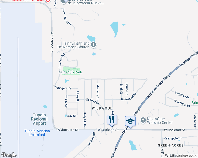 map of restaurants, bars, coffee shops, grocery stores, and more near 998 Elderberry St in Tupelo