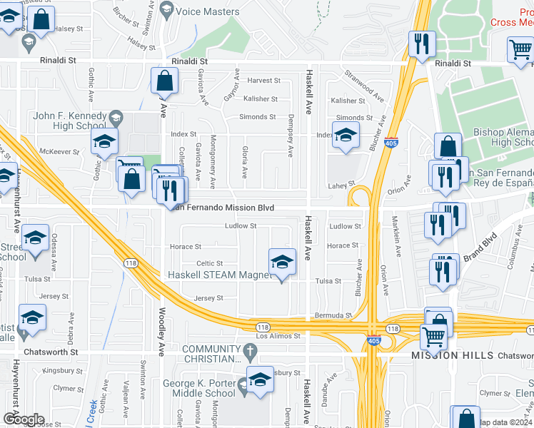 map of restaurants, bars, coffee shops, grocery stores, and more near 15906 San Fernando Mission Boulevard in Los Angeles