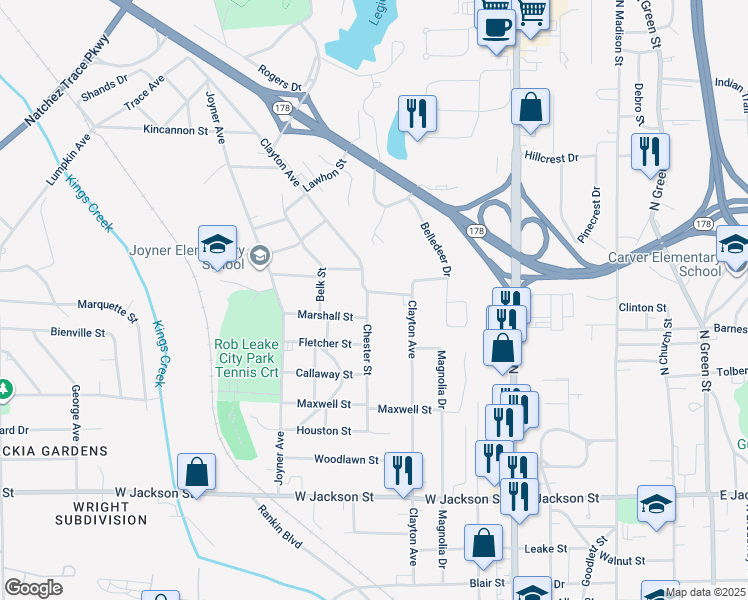 map of restaurants, bars, coffee shops, grocery stores, and more near 1113 Clayton Avenue in Tupelo