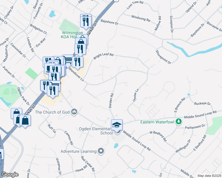 map of restaurants, bars, coffee shops, grocery stores, and more near 304 Wendover Lane in Wilmington