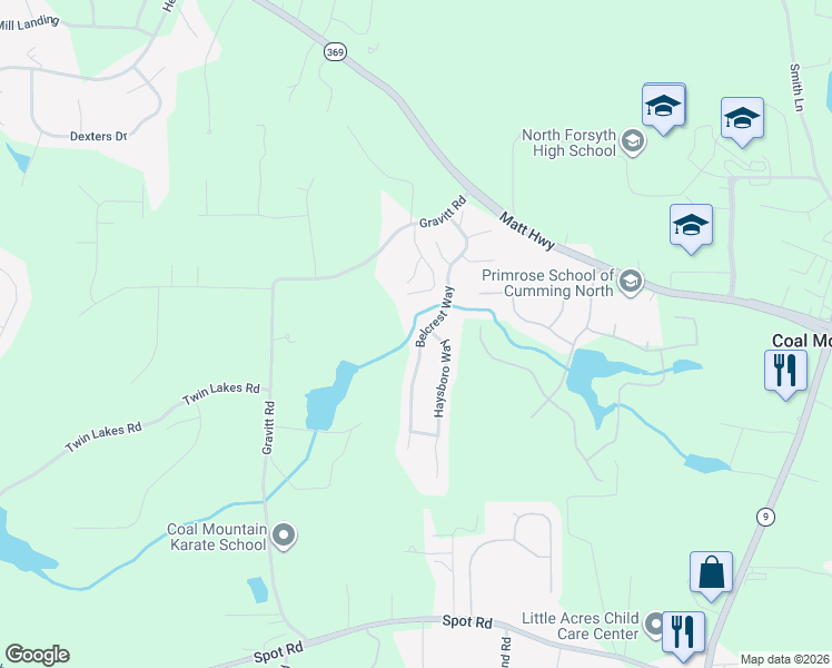 map of restaurants, bars, coffee shops, grocery stores, and more near 4710 Belcrest Way in Cumming
