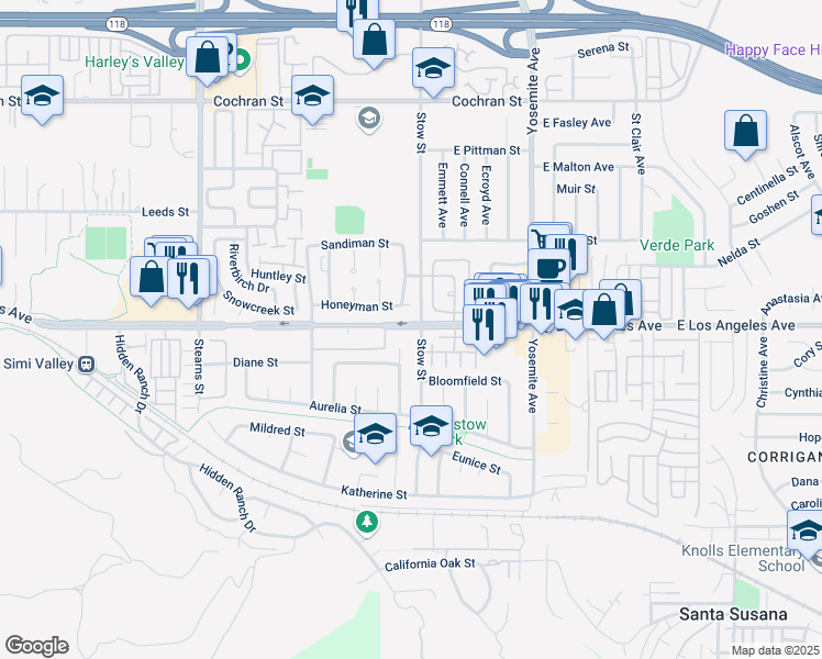map of restaurants, bars, coffee shops, grocery stores, and more near 5526 East Los Angeles Avenue in Simi Valley