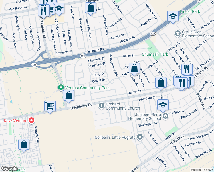 map of restaurants, bars, coffee shops, grocery stores, and more near 8248 Medford Street in Ventura