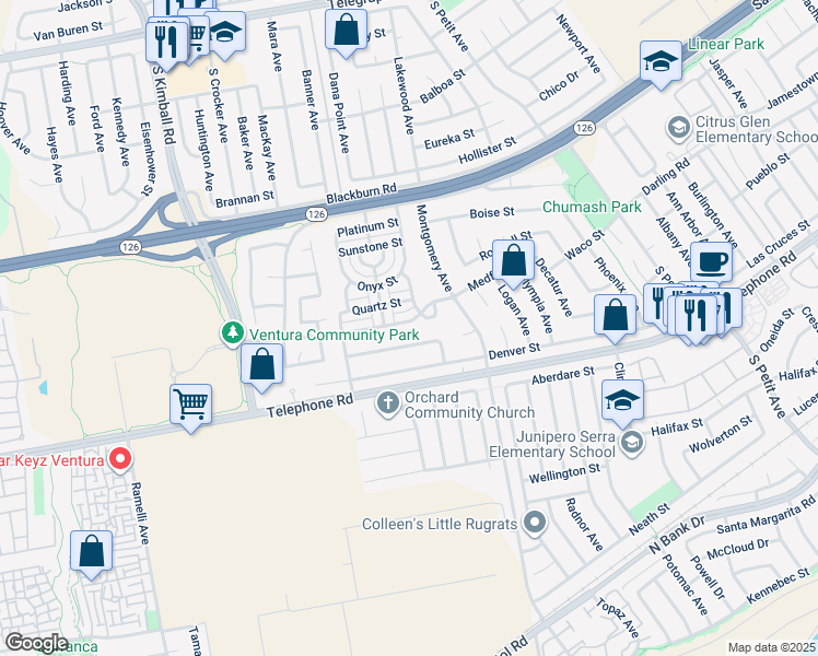 map of restaurants, bars, coffee shops, grocery stores, and more near 8248 Medford Street in Ventura