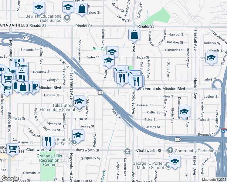 map of restaurants, bars, coffee shops, grocery stores, and more near 16331 San Fernando Mission Boulevard in Los Angeles