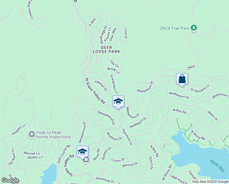 map of restaurants, bars, coffee shops, grocery stores, and more near 1198 Evergreen Lane in Lake Arrowhead