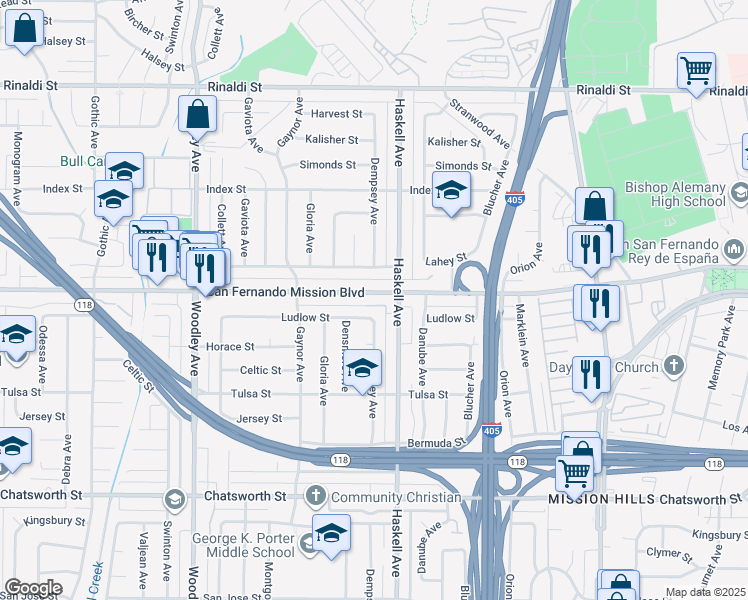 map of restaurants, bars, coffee shops, grocery stores, and more near 15814 San Fernando Mission Boulevard in Los Angeles