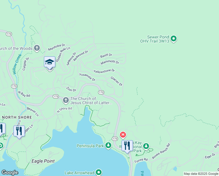 map of restaurants, bars, coffee shops, grocery stores, and more near 1208 Yosemite Drive in Lake Arrowhead