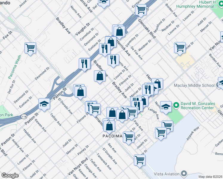 map of restaurants, bars, coffee shops, grocery stores, and more near 13259 Filmore Street in Los Angeles