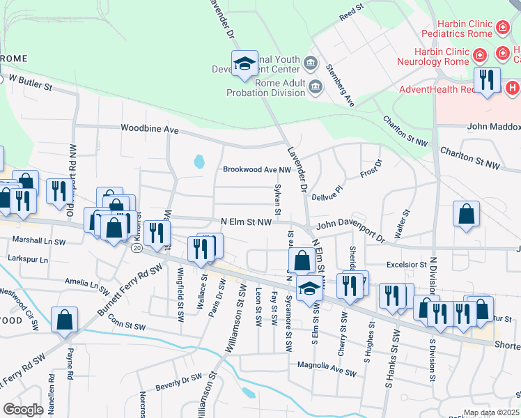 map of restaurants, bars, coffee shops, grocery stores, and more near 307 Edgewood Avenue Northwest in Rome