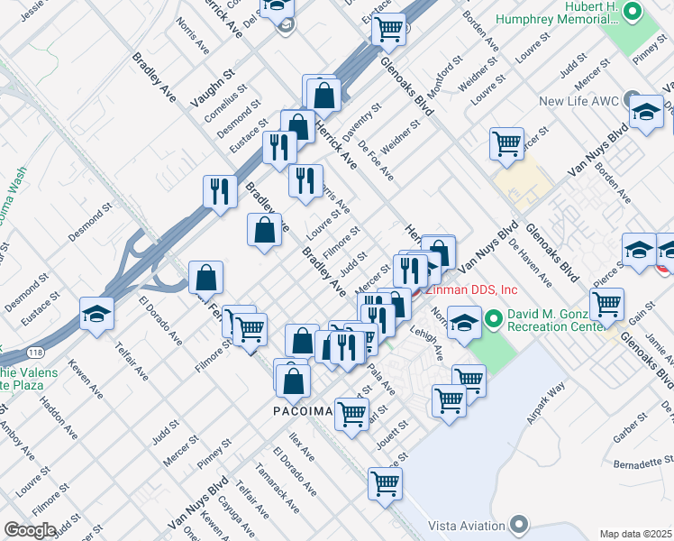 map of restaurants, bars, coffee shops, grocery stores, and more near 13173 Judd Street in Los Angeles
