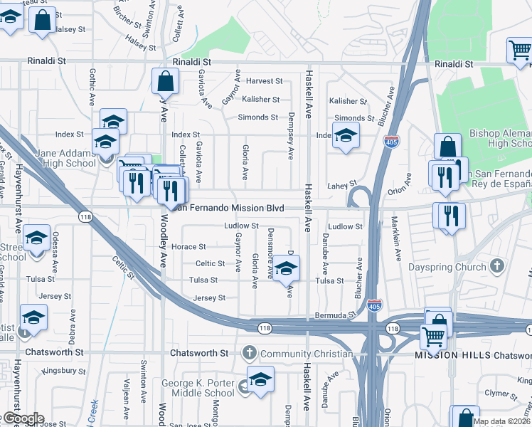 map of restaurants, bars, coffee shops, grocery stores, and more near 15906 San Fernando Mission Boulevard in Los Angeles