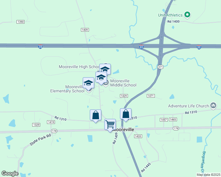 map of restaurants, bars, coffee shops, grocery stores, and more near in Mooreville