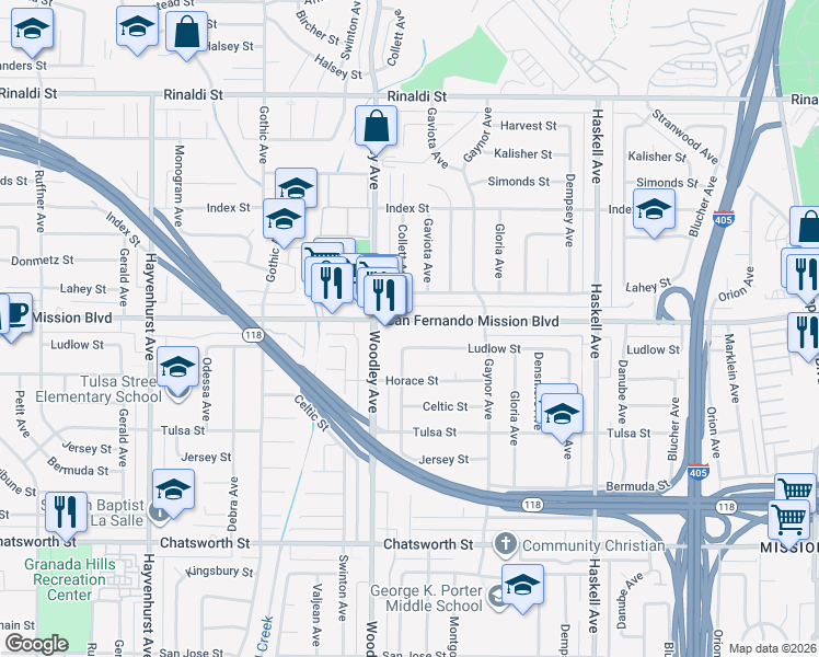 map of restaurants, bars, coffee shops, grocery stores, and more near 16124 San Fernando Mission Boulevard in Los Angeles